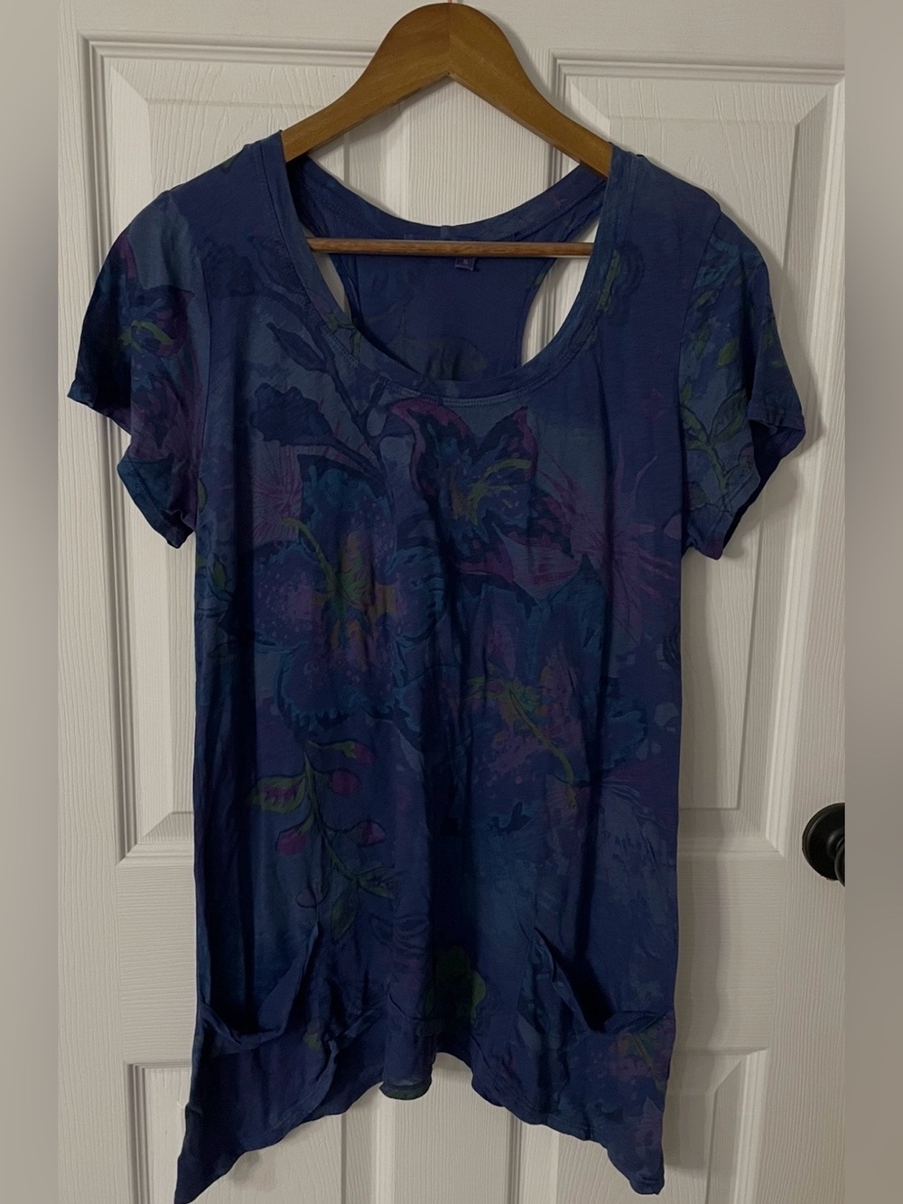 Fresh Produce Blue Floral Asymmetrical Tank Overlay Tee Top Size XL Made in USA
